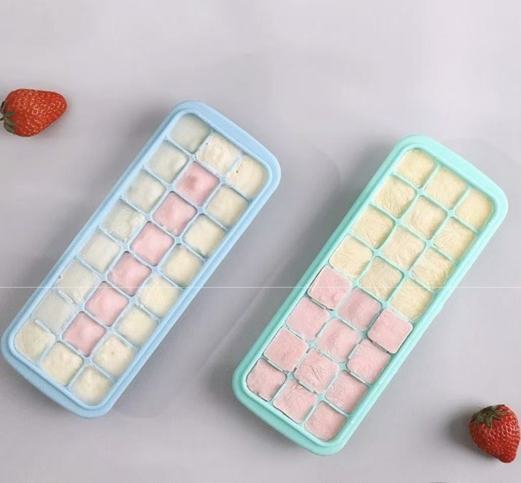 Baby Food Freezer Tray - Silikon-Eiswürfelform mit Deckel, 24-Würfel, Gelee-Maker, gefrorene